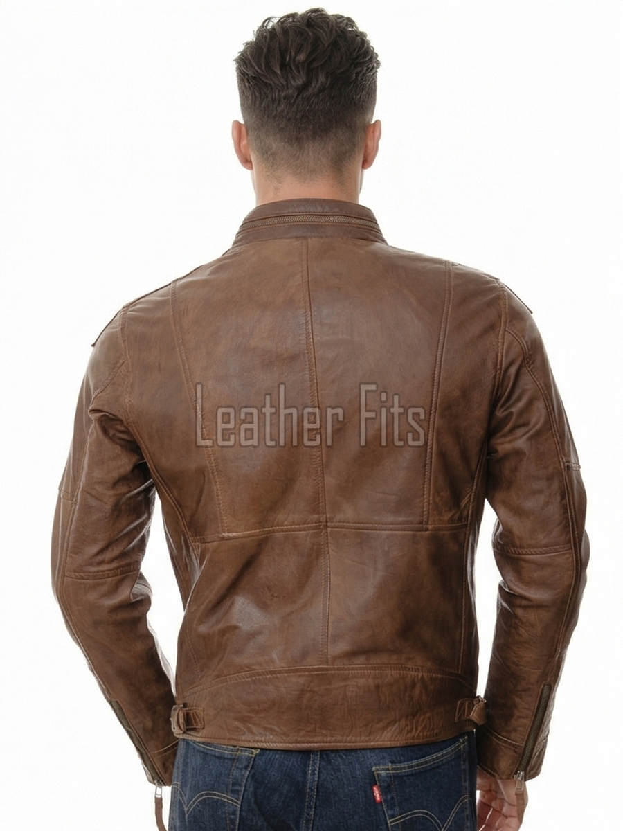 Men Brown Leather Jacket - Premium Distressed Antique Cafe Racer Coat Stand Collar Zipper Multi Pockets Casual Vintage Moto Rider Outerwear Men