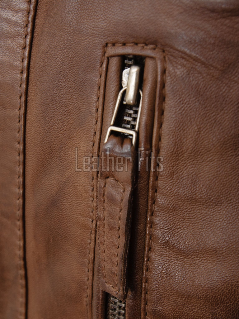 Men Brown Leather Jacket - Premium Distressed Antique Cafe Racer Coat Stand Collar Zipper Multi Pockets Casual Vintage Moto Rider Outerwear Men