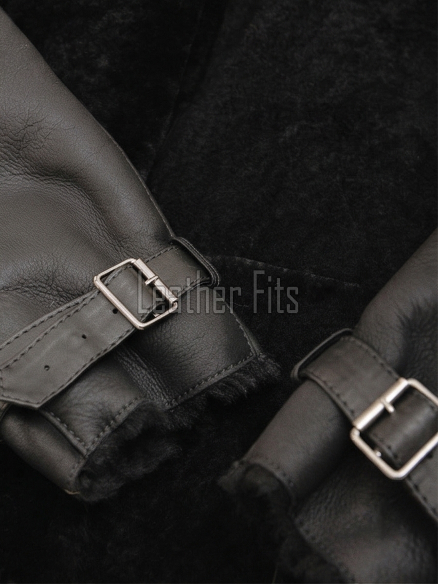 Men Black Leather Aviator Jacket - Premium B3 Shearling Bomber Winter Coat Asymmetrical Zip Warm Faux Fur Collar Moto Rider Outerwear Men