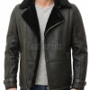 Men Black Leather Aviator Jacket - Premium B3 Shearling Bomber Winter Coat Asymmetrical Zip Warm Faux Fur Collar Moto Rider Outerwear Men