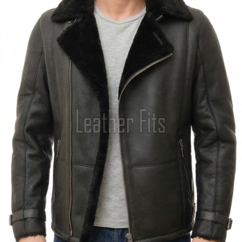 Men Black Leather Aviator Jacket - Premium B3 Shearling Bomber Winter Coat Asymmetrical Zip Warm Faux Fur Collar Moto Rider Outerwear Men