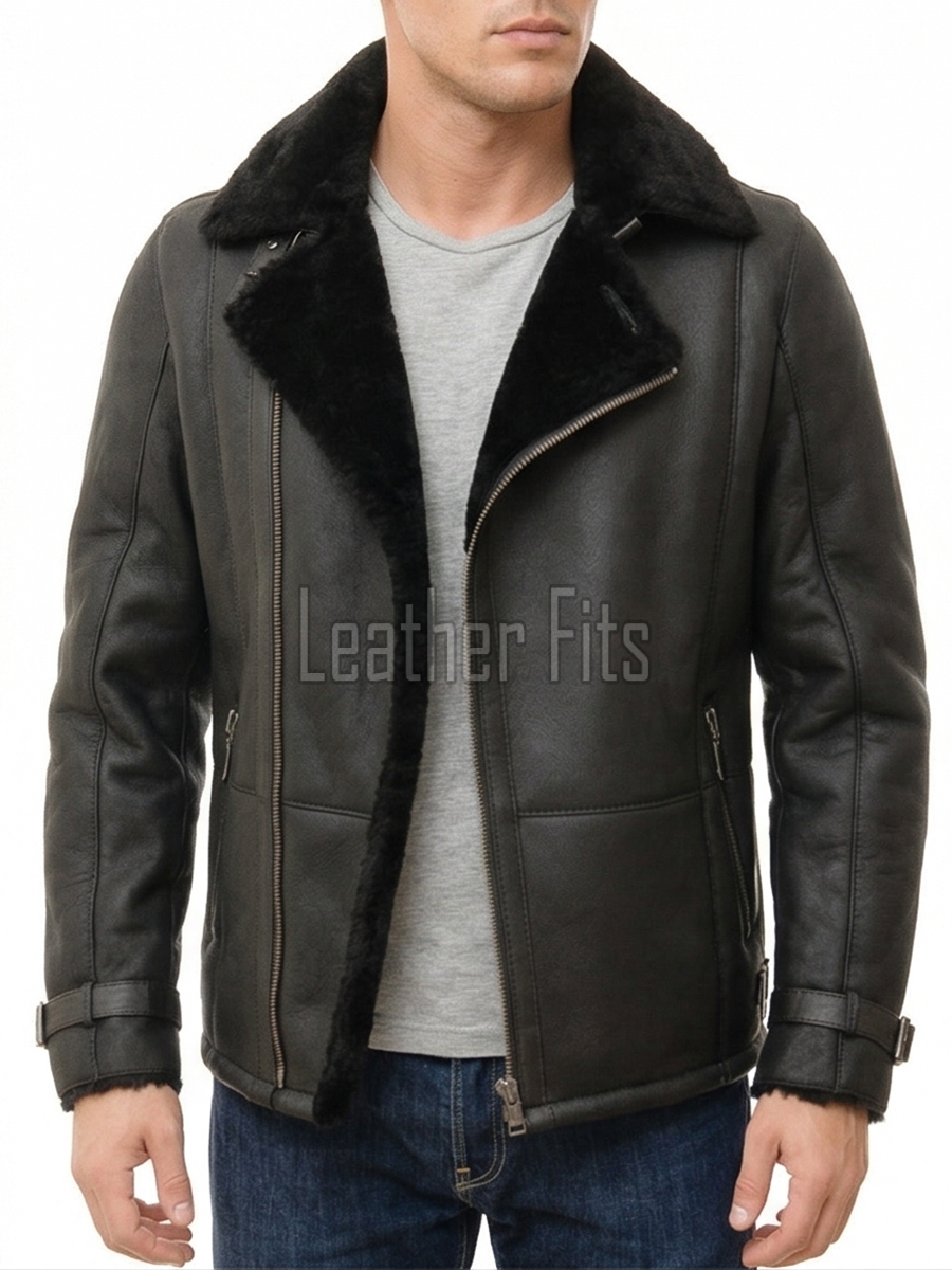 Men Black Leather Aviator Jacket - Premium B3 Shearling Bomber Winter Coat Asymmetrical Zip Warm Faux Fur Collar Moto Rider Outerwear Men