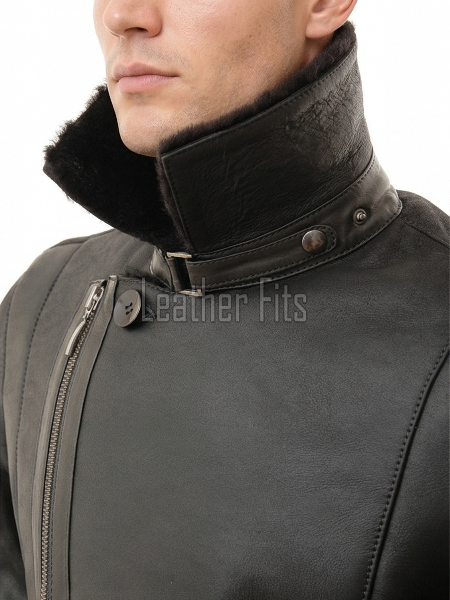 Men Black Leather Aviator Jacket - Premium B3 Shearling Bomber Winter Coat Asymmetrical Zip Warm Faux Fur Collar Moto Rider Outerwear Men