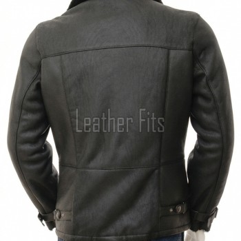 Men Black Leather Aviator Jacket - Premium B3 Shearling Bomber Winter Coat Asymmetrical Zip Warm Faux Fur Collar Moto Rider Outerwear Men