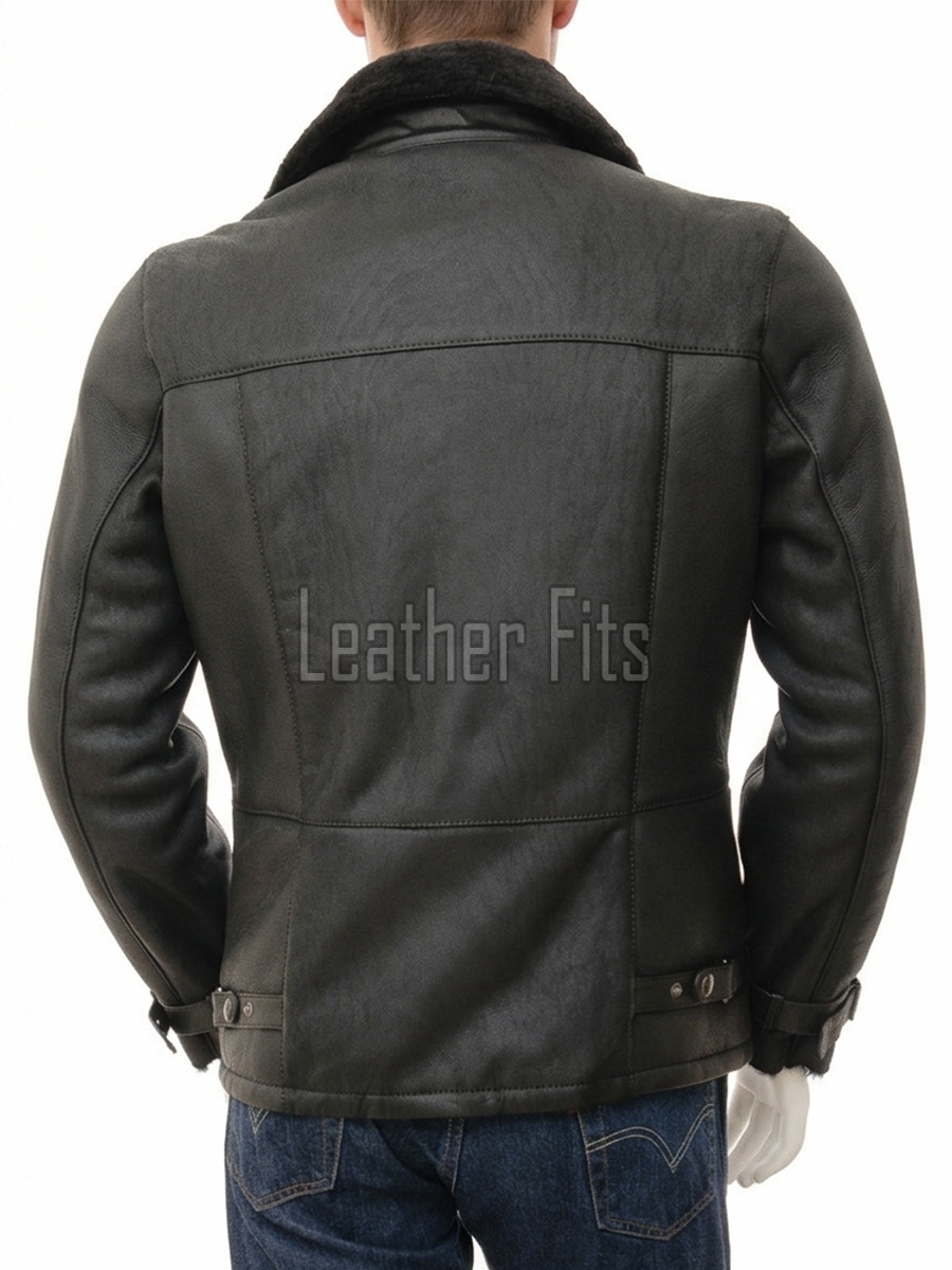 Men Black Leather Aviator Jacket - Premium B3 Shearling Bomber Winter Coat Asymmetrical Zip Warm Faux Fur Collar Moto Rider Outerwear Men