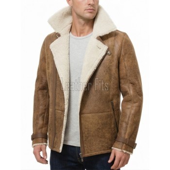 Men Brown Leather Aviator Jacket - Premium B3 Shearling Bomber Winter Coat Asymmetrical Zip Warm Faux Fur Cream Collar Moto Rider Outerwear
