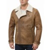 Men Brown Leather Aviator Jacket - Premium B3 Shearling Bomber Winter Coat Asymmetrical Zip Warm Faux Fur Cream Collar Moto Rider Outerwear