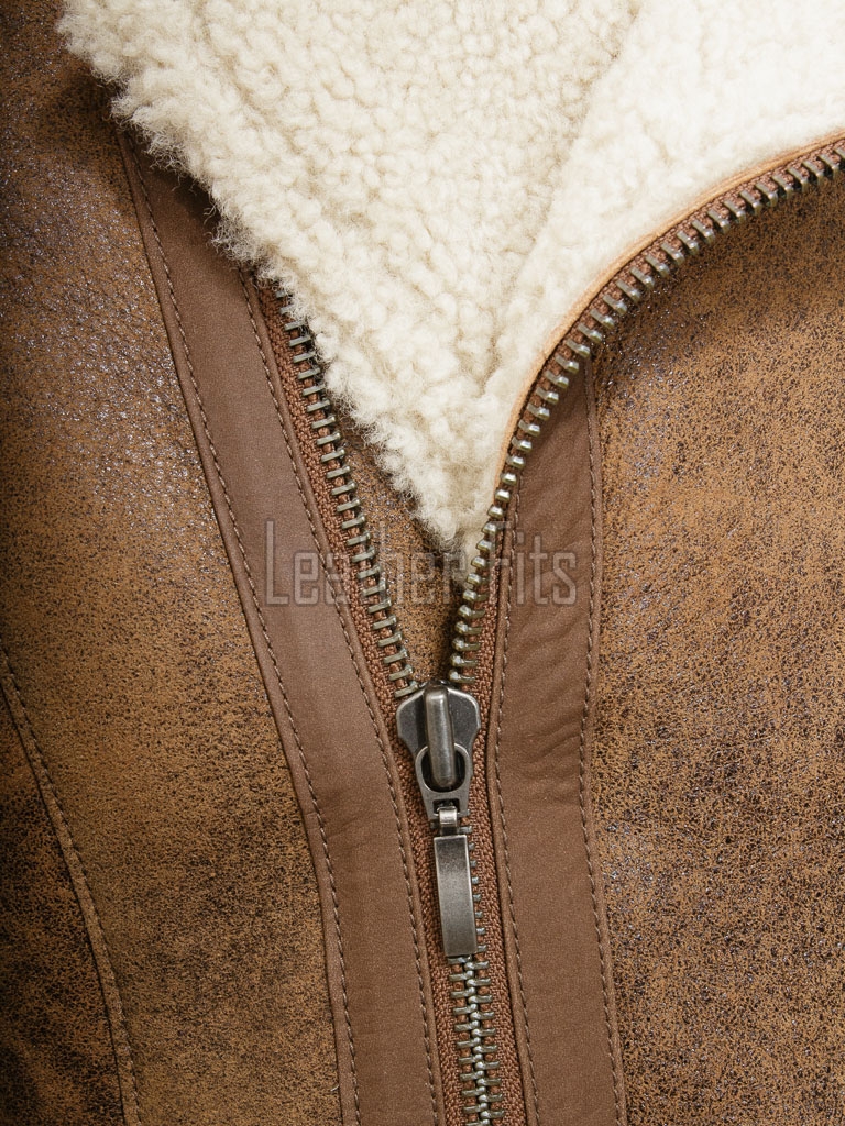 Men Brown Leather Aviator Jacket - Premium B3 Shearling Bomber Winter Coat Asymmetrical Zip Warm Faux Fur Cream Collar Moto Rider Outerwear