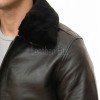 Men Dark Brown Leather Jacket - Premium G1 Flight Bomber Military Coat Removable Black Fur Collar Ribbed Knit Trim Cargo Pockets Outerwear
