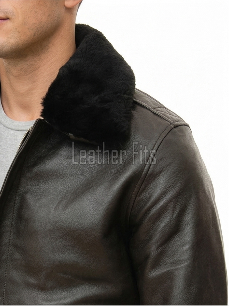 Men Dark Brown Leather Jacket - Premium G1 Flight Bomber Military Coat Removable Black Fur Collar Ribbed Knit Trim Cargo Pockets Outerwear