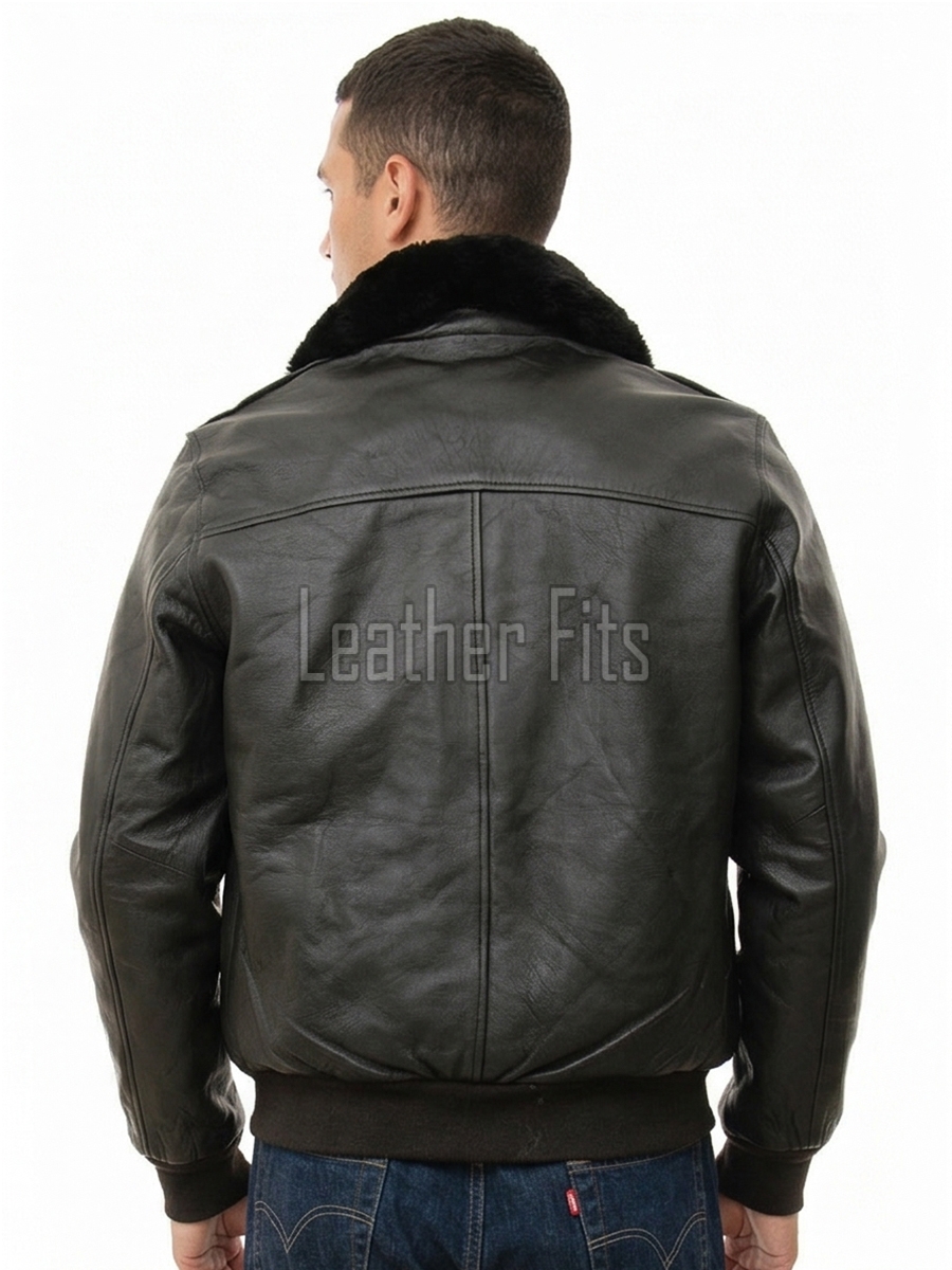 Men Dark Brown Leather Jacket - Premium G1 Flight Bomber Military Coat Removable Black Fur Collar Ribbed Knit Trim Cargo Pockets Outerwear