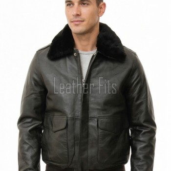 Men Dark Brown Leather Jacket - Premium G1 Flight Bomber Military Coat Removable Black Fur Collar Ribbed Knit Trim Cargo Pockets Outerwear