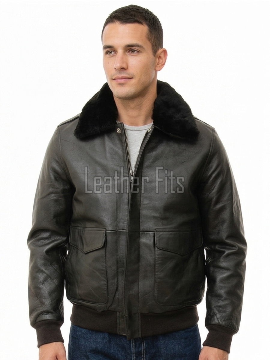 Men Dark Brown Leather Jacket - Premium G1 Flight Bomber Military Coat Removable Black Fur Collar Ribbed Knit Trim Cargo Pockets Outerwear