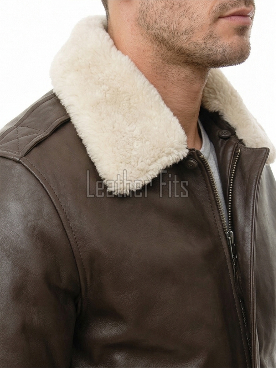 Men Brown Leather Bomber Jacket - Premium G1 Flight Military Aviator Coat Removable Cream Fur Collar Ribbed Knit Trim Cargo Pockets Outerwear