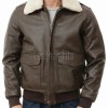 Men Brown Leather Bomber Jacket - Premium G1 Flight Military Aviator Coat Removable Cream Fur Collar Ribbed Knit Trim Cargo Pockets Outerwear