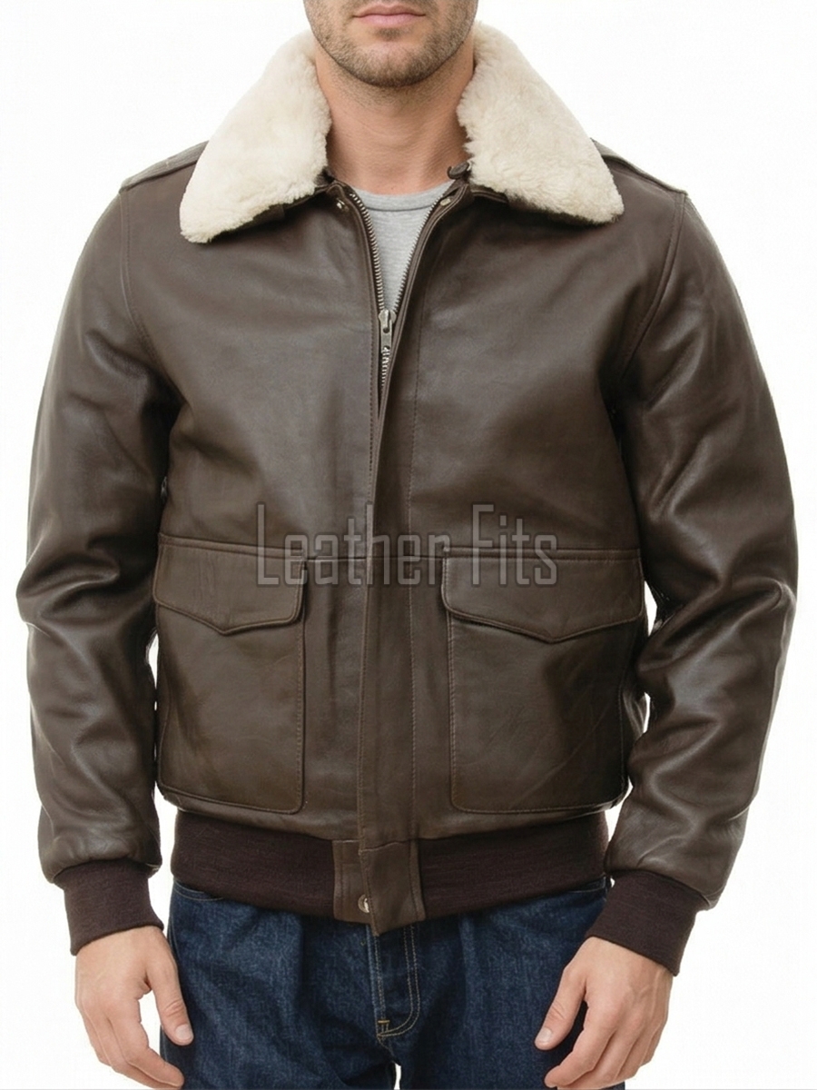 Men Brown Leather Bomber Jacket - Premium G1 Flight Military Aviator Coat Removable Cream Fur Collar Ribbed Knit Trim Cargo Pockets Outerwear