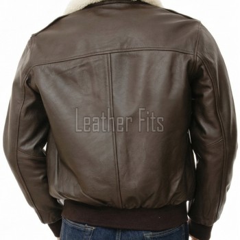 Men Brown Leather Bomber Jacket - Premium G1 Flight Military Aviator Coat Removable Cream Fur Collar Ribbed Knit Trim Cargo Pockets Outerwear