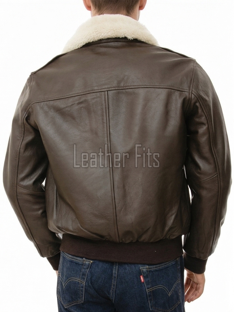 Men Brown Leather Bomber Jacket - Premium G1 Flight Military Aviator Coat Removable Cream Fur Collar Ribbed Knit Trim Cargo Pockets Outerwear