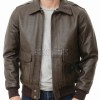 Men Brown Leather Bomber Jacket - Premium G1 Flight Military Aviator Coat Removable Cream Fur Collar Ribbed Knit Trim Cargo Pockets Outerwear