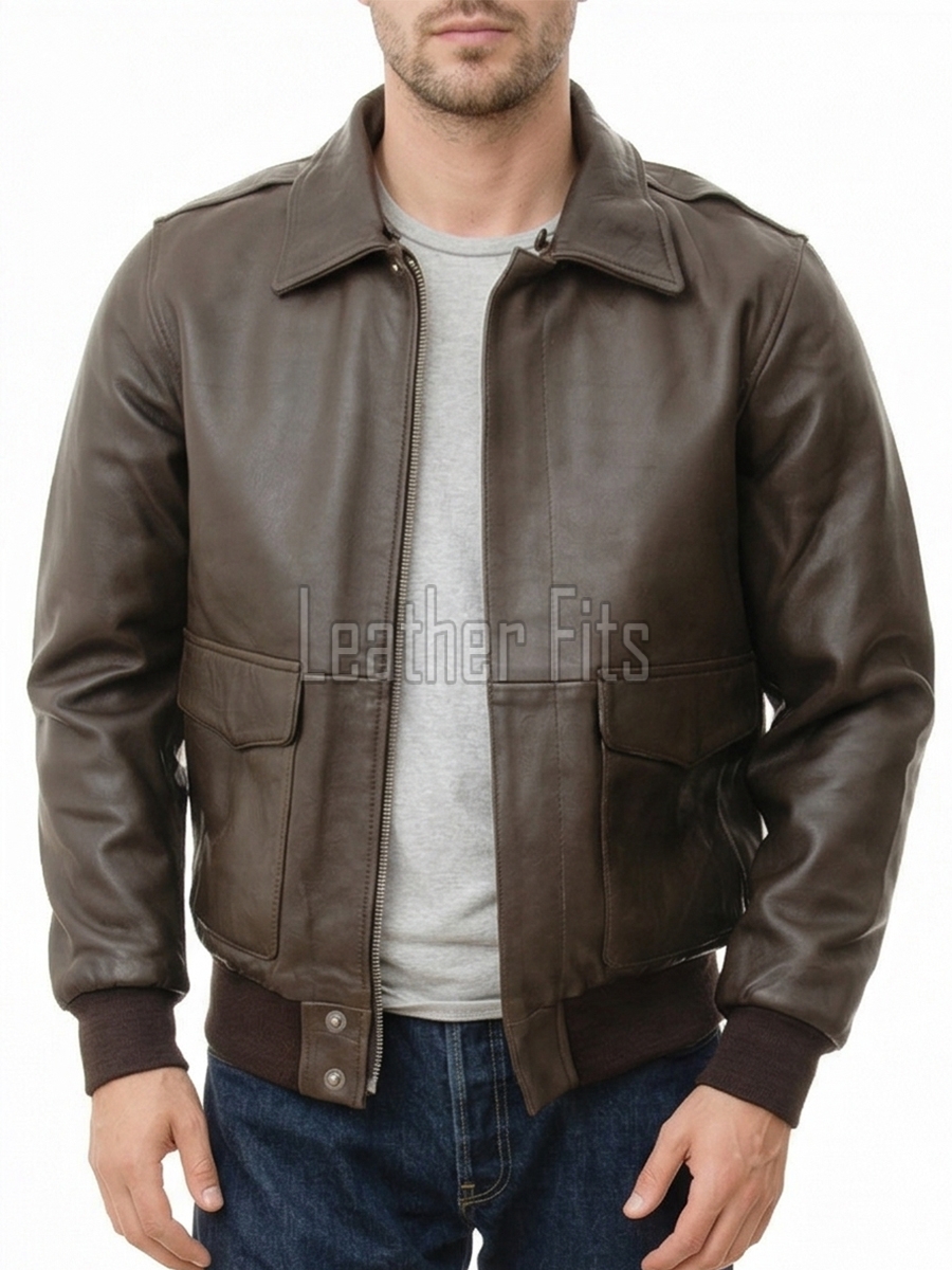 Men Brown Leather Bomber Jacket - Premium G1 Flight Military Aviator Coat Removable Cream Fur Collar Ribbed Knit Trim Cargo Pockets Outerwear