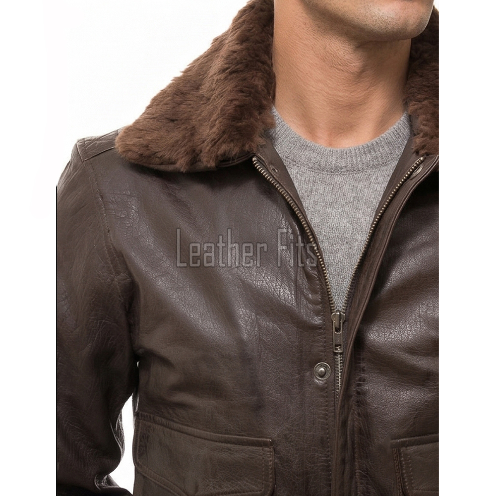 Men Brown Leather Bomber Jacket - Premium A2 Flight Military Aviator Coat Removable Brown Fur Collar Ribbed Knit Trim Cargo Pockets Outerwear