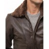Men Brown Leather Bomber Jacket - Premium A2 Flight Military Aviator Coat Removable Brown Fur Collar Ribbed Knit Trim Cargo Pockets Outerwear