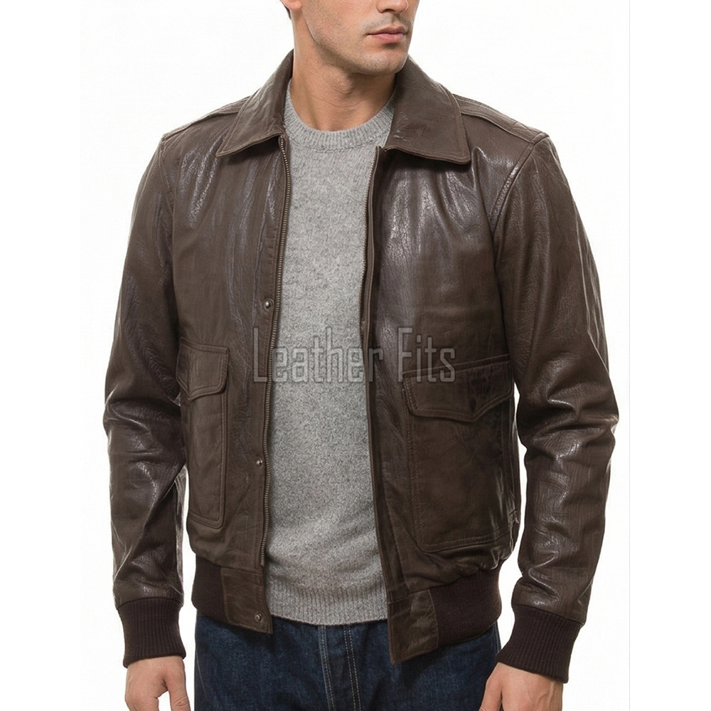 Men Brown Leather Bomber Jacket - Premium A2 Flight Military Aviator Coat Removable Brown Fur Collar Ribbed Knit Trim Cargo Pockets Outerwear