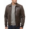 Men Brown Leather Bomber Jacket - Premium A2 Flight Military Aviator Coat Removable Brown Fur Collar Ribbed Knit Trim Cargo Pockets Outerwear