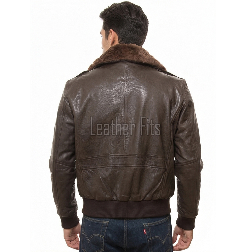 Men Brown Leather Bomber Jacket - Premium A2 Flight Military Aviator Coat Removable Brown Fur Collar Ribbed Knit Trim Cargo Pockets Outerwear