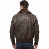 Men Brown Leather Bomber Jacket - Premium A2 Flight Military Aviator Coat Removable Brown Fur Collar Ribbed Knit Trim Cargo Pockets Outerwear