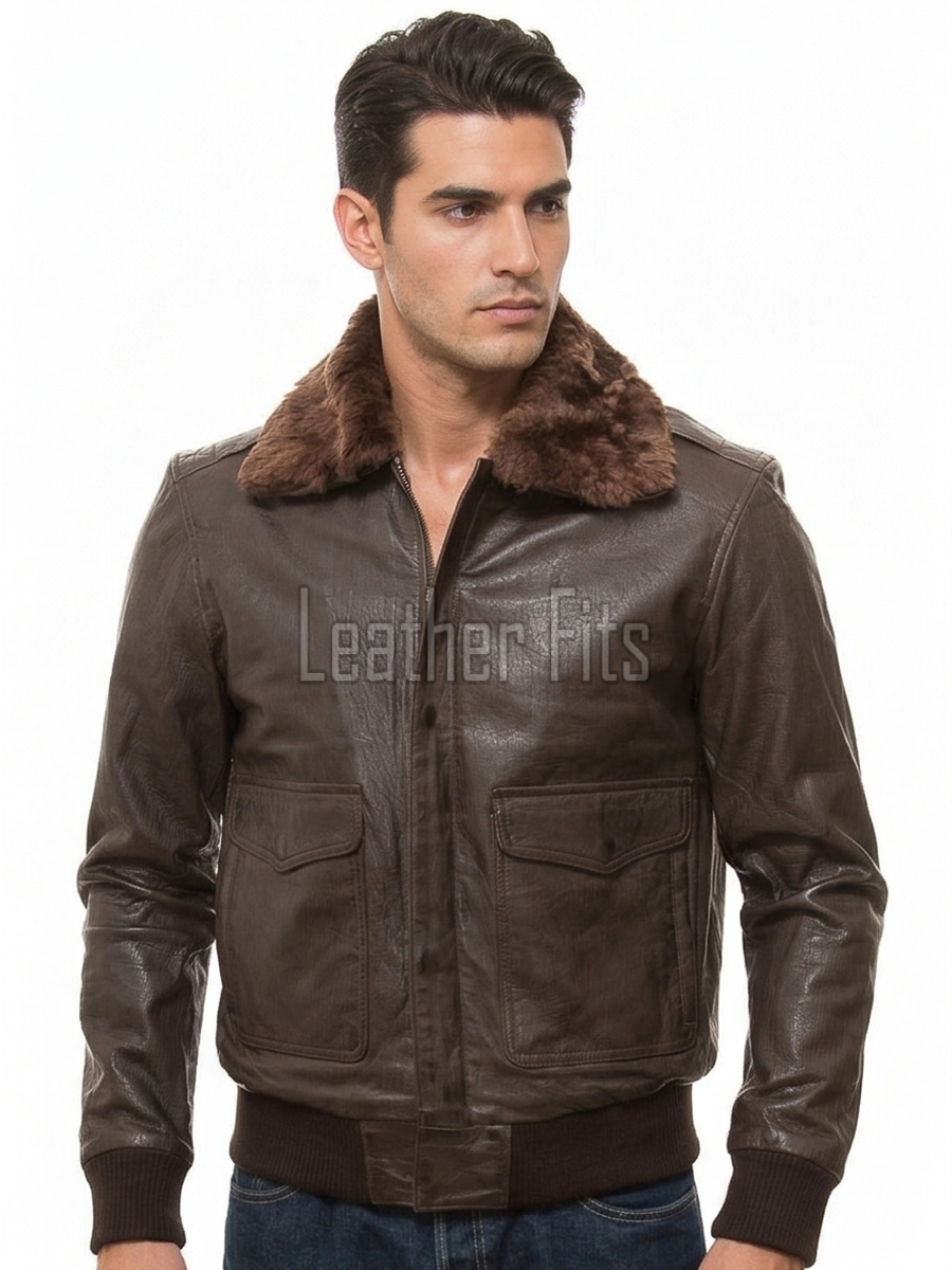 Men Brown Leather Bomber Jacket - Premium A2 Flight Military Aviator Coat Removable Brown Fur Collar Ribbed Knit Trim Cargo Pockets Outerwear
