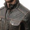 Men Distressed Black Leather Jacket - Premium Vintage Cafe Racer Biker Motorcycle Coat Stand Collar Multi Pocket YKK Zip Tactical Outerwear