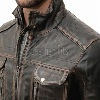 Men Distressed Black Leather Jacket - Premium Vintage Cafe Racer Biker Motorcycle Coat Stand Collar Multi Pocket YKK Zip Tactical Outerwear
