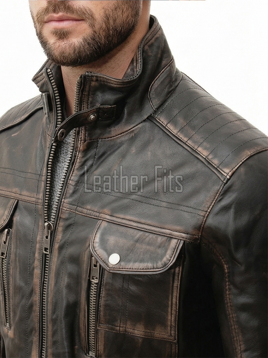 Men Distressed Black Leather Jacket - Premium Vintage Cafe Racer Biker Motorcycle Coat Stand Collar Multi Pocket YKK Zip Tactical Outerwear