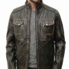 Men Distressed Black Leather Jacket - Premium Vintage Cafe Racer Biker Motorcycle Coat Stand Collar Multi Pocket YKK Zip Tactical Outerwear