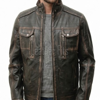 Men Distressed Black Leather Jacket - Premium Vintage Cafe Racer Biker Motorcycle Coat Stand Collar Multi Pocket YKK Zip Tactical Outerwear