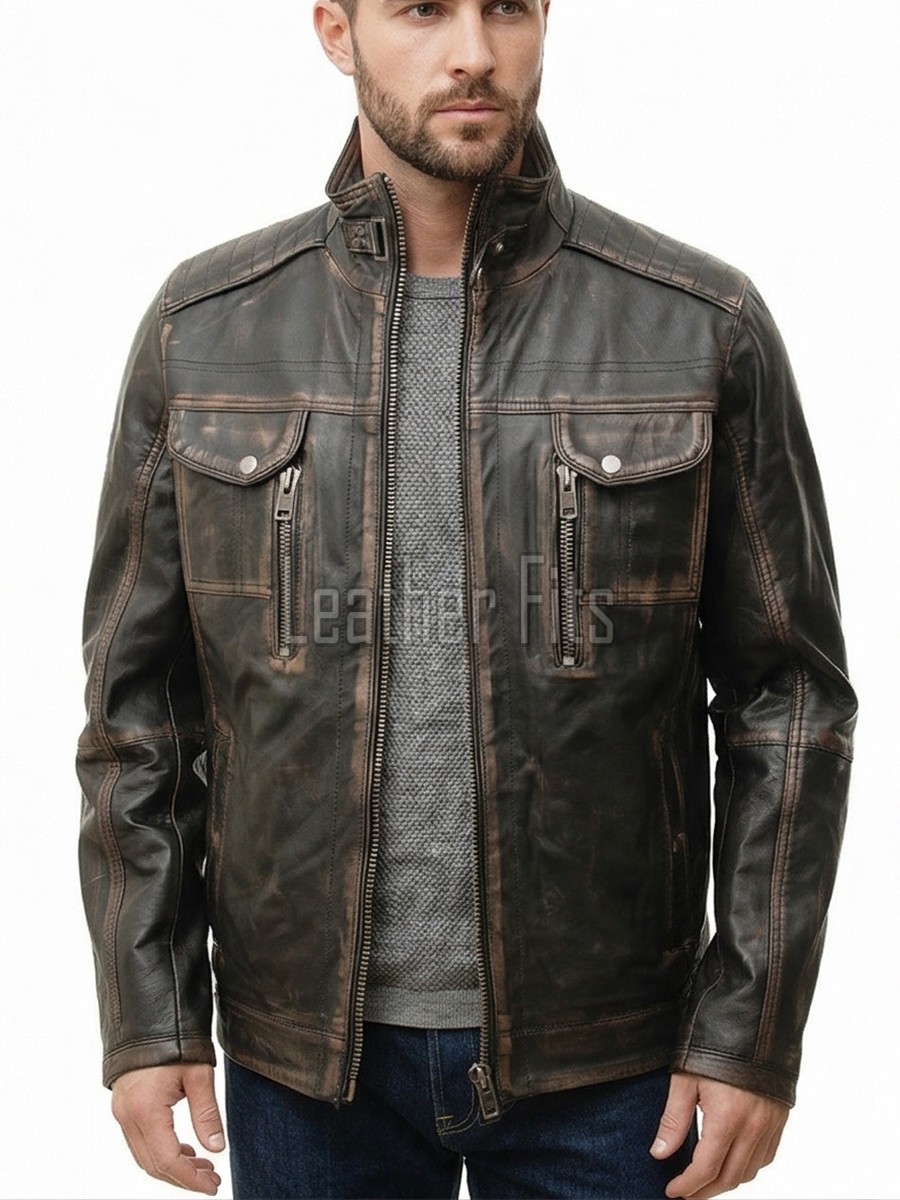 Men Distressed Black Leather Jacket - Premium Vintage Cafe Racer Biker Motorcycle Coat Stand Collar Multi Pocket YKK Zip Tactical Outerwear