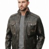 Men Distressed Black Leather Jacket - Premium Vintage Cafe Racer Biker Motorcycle Coat Stand Collar Multi Pocket YKK Zip Tactical Outerwear