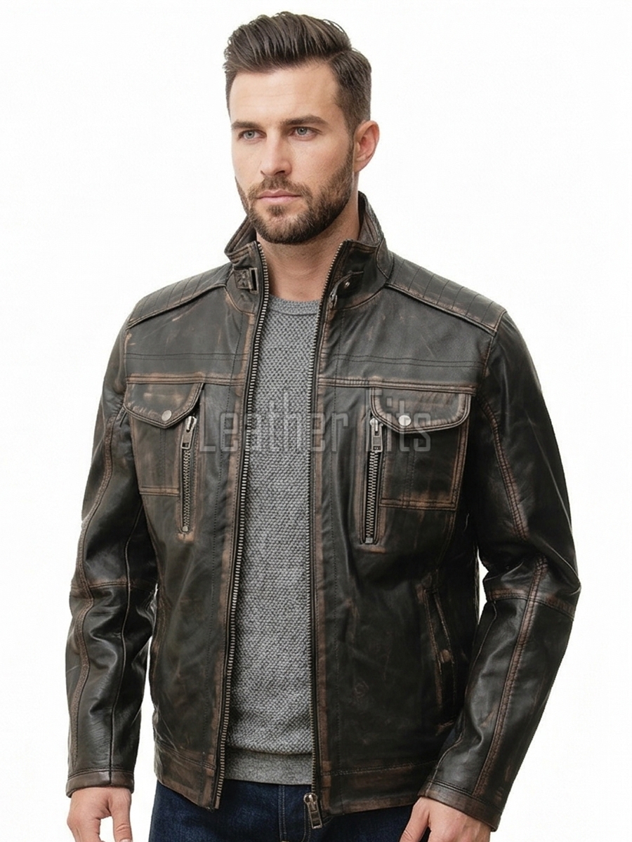 Men Distressed Black Leather Jacket - Premium Vintage Cafe Racer Biker Motorcycle Coat Stand Collar Multi Pocket YKK Zip Tactical Outerwear