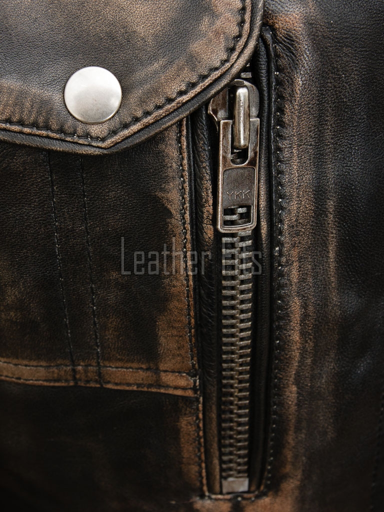 Men Distressed Black Leather Jacket - Premium Vintage Cafe Racer Biker Motorcycle Coat Stand Collar Multi Pocket YKK Zip Tactical Outerwear