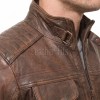 Men Distressed Brown Leather Jacket - Premium Vintage Cafe Racer Biker Motorcycle Coat Stand Collar Multi Pocket YKK Zip Tactical Outerwear