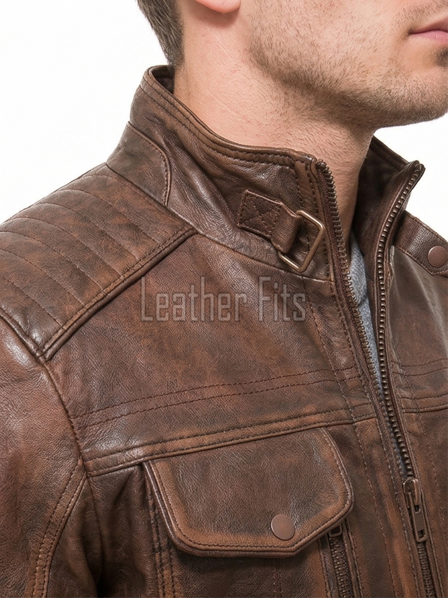 Men Distressed Brown Leather Jacket - Premium Vintage Cafe Racer Biker Motorcycle Coat Stand Collar Multi Pocket YKK Zip Tactical Outerwear