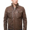 Men Distressed Brown Leather Jacket - Premium Vintage Cafe Racer Biker Motorcycle Coat Stand Collar Multi Pocket YKK Zip Tactical Outerwear