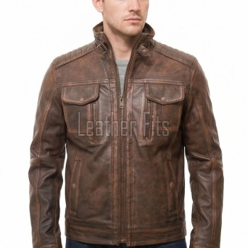 Men Distressed Brown Leather Jacket - Premium Vintage Cafe Racer Biker Motorcycle Coat Stand Collar Multi Pocket YKK Zip Tactical Outerwear
