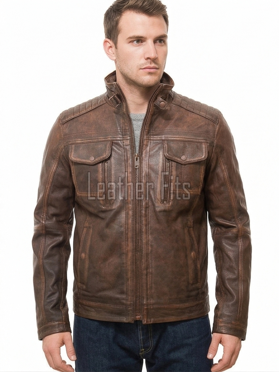 Men Distressed Brown Leather Jacket - Premium Vintage Cafe Racer Biker Motorcycle Coat Stand Collar Multi Pocket YKK Zip Tactical Outerwear