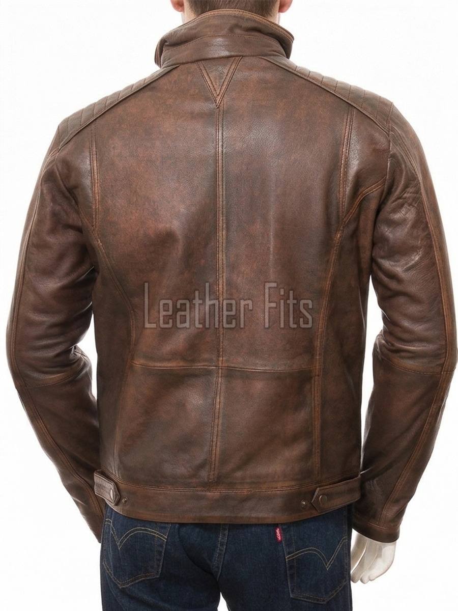 Men Distressed Brown Leather Jacket - Premium Vintage Cafe Racer Biker Motorcycle Coat Stand Collar Multi Pocket YKK Zip Tactical Outerwear