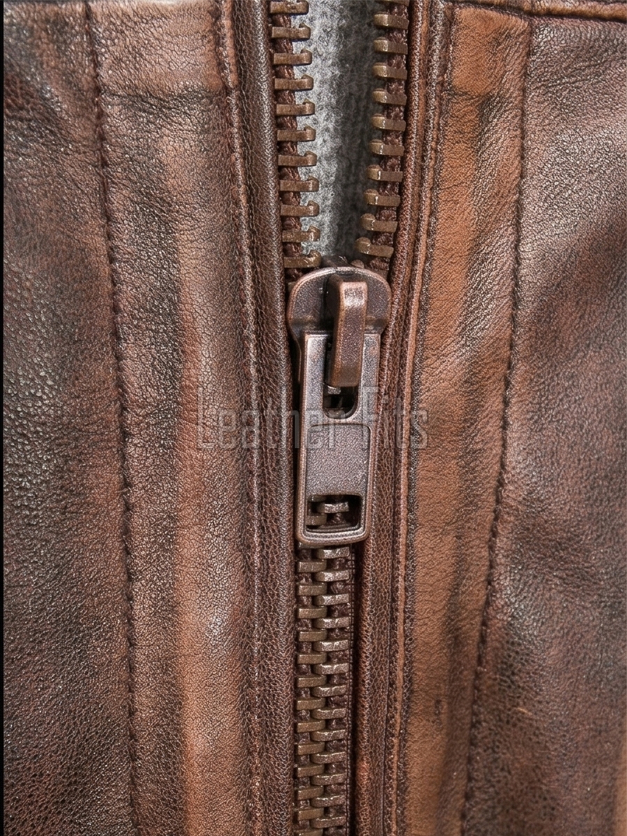 Men Distressed Brown Leather Jacket - Premium Vintage Cafe Racer Biker Motorcycle Coat Stand Collar Multi Pocket YKK Zip Tactical Outerwear