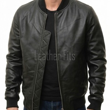 Men Black Leather Bomber Jacket - Premium Classic MA1 Flight Aviator Coat Ribbed Knit Trim Quilted Wind Flap Minimalist Sleek Outerwear