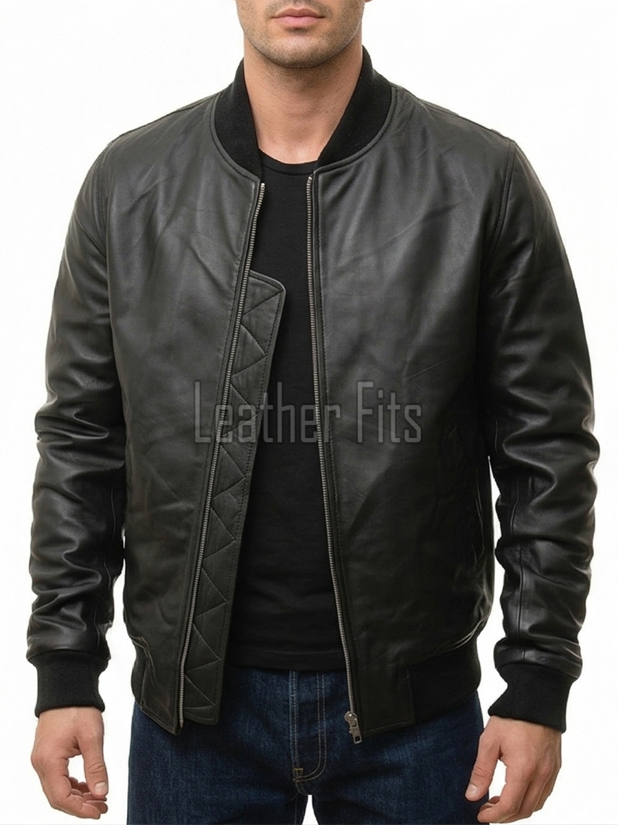Men Black Leather Bomber Jacket - Premium Classic MA1 Flight Aviator Coat Ribbed Knit Trim Quilted Wind Flap Minimalist Sleek Outerwear