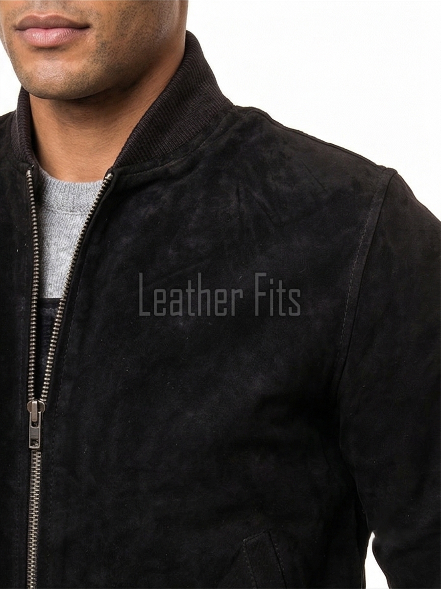 Men Black Suede Bomber Jacket - Premium Classic MA1 Flight Aviator Coat Ribbed Knit Trim Quilted Wind Flap Sleek Soft Genuine Outerwear